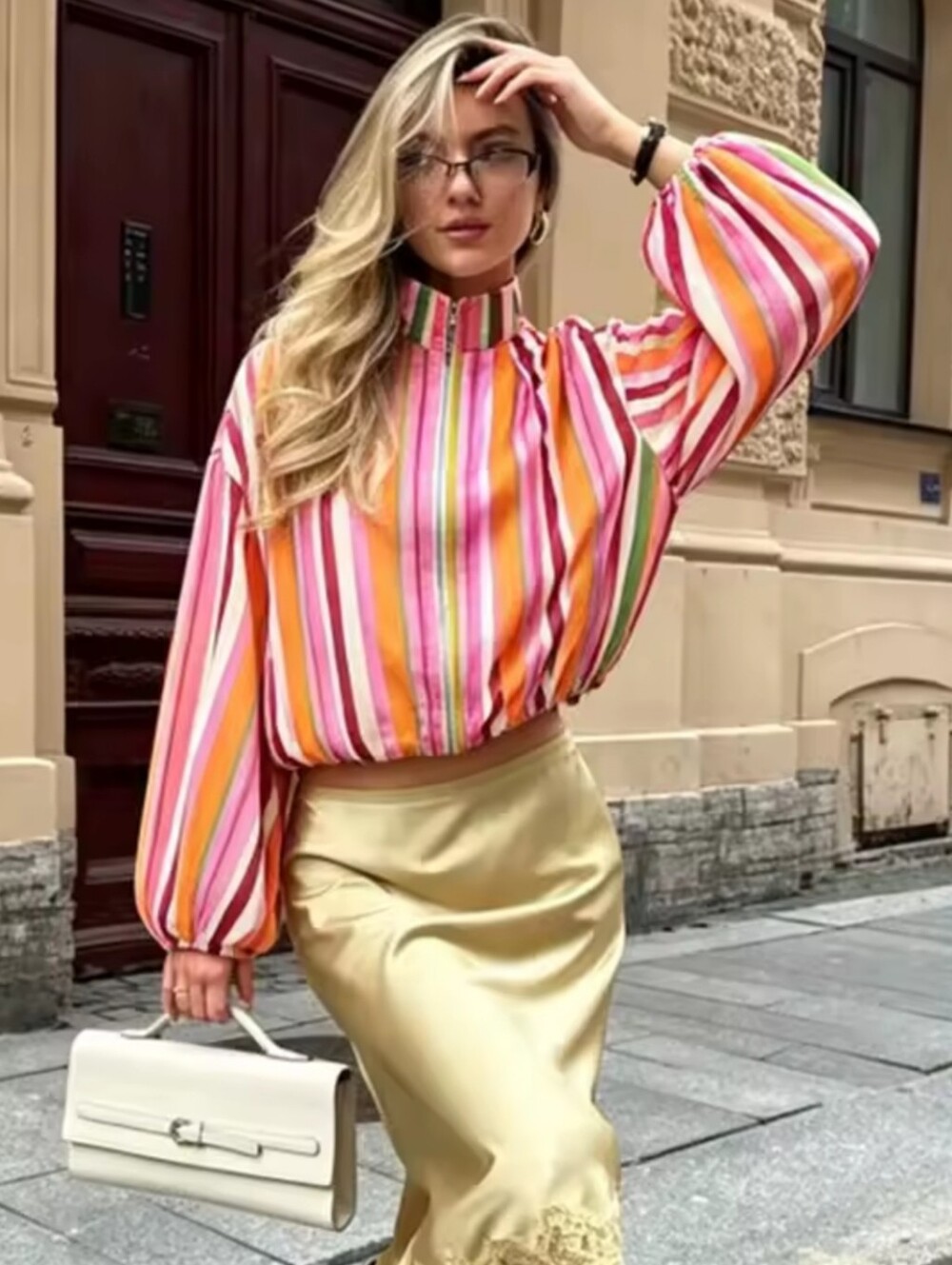 Women's Pink Multi-Stripe High-Neck Balloon Sleeve Top